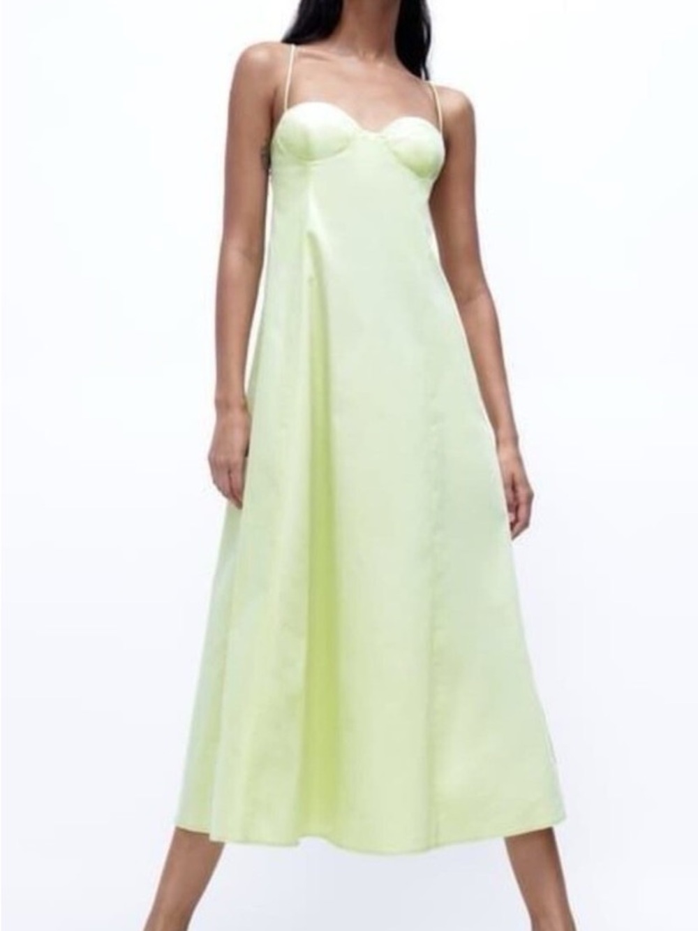 Zara Sz M Poplin Yellow Light Mint Midi Dress